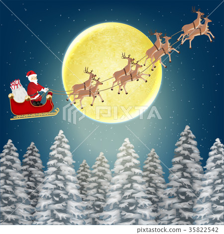 图库插图: santa claus with reindeer fly over pile forest