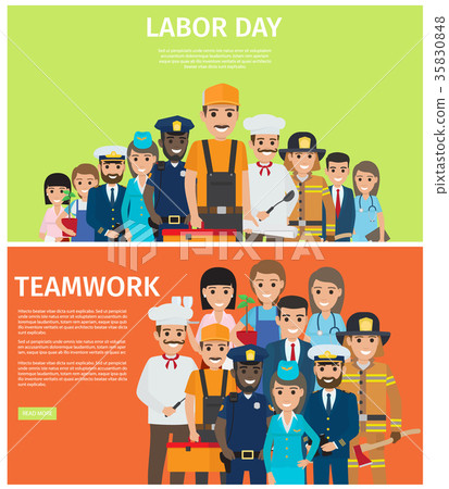 图库插图: labor day and teamwork flat vector web banners