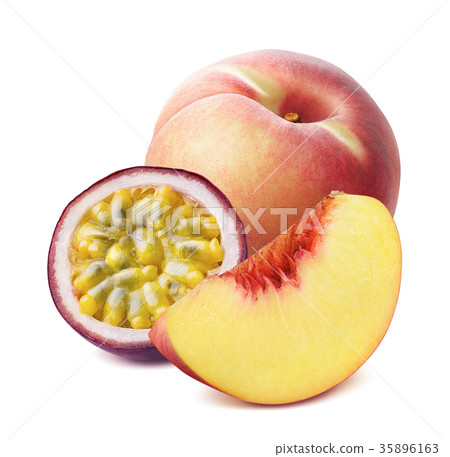 图库照片: peach and passion fruit isolated on white