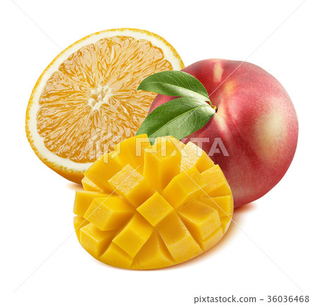 图库照片: peach, orange, mango isolated on white background