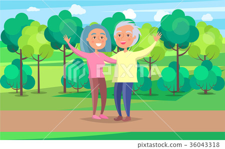 图库插图: happy grandparent senior couple wave hands in park