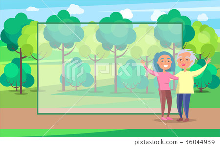 图库插图: happy grandparent senior couple wave hands in park