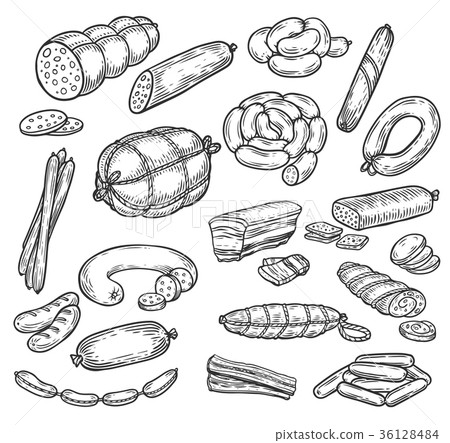 插图素材: sketches of sausage and wurst, meat products