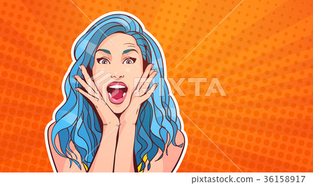 插图素材: excited woman with blue hair and open mouth pop