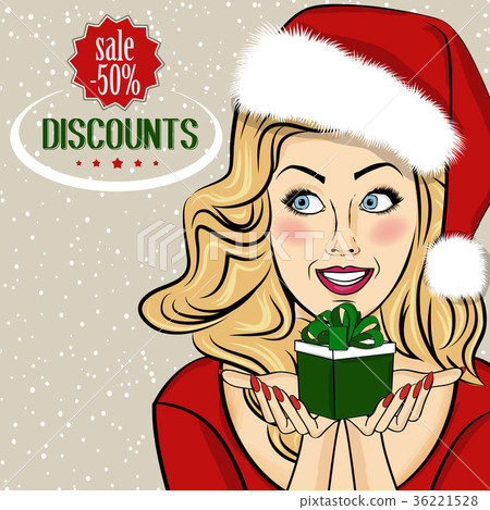 图库插图: christmas discount banner with sexy blonde santa