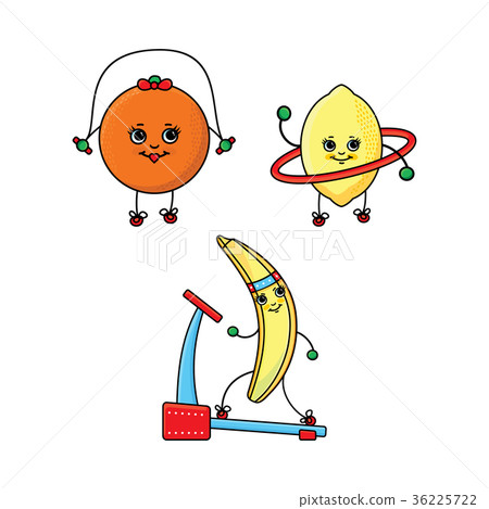 插图素材 orange lemon and banana characters doing sport