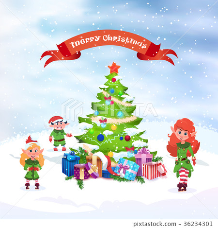 图库插图: group of elfs near christmas tree winter holidays