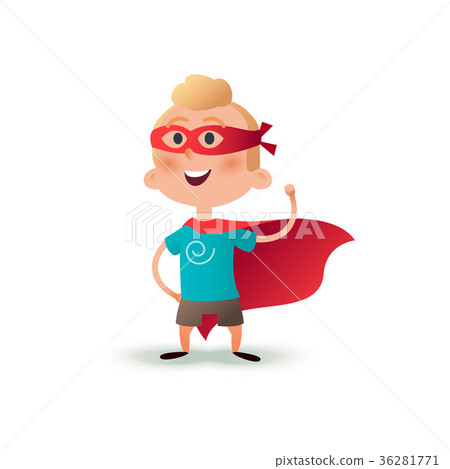 插图素材: cartoon superhero boy standing with cape waving in