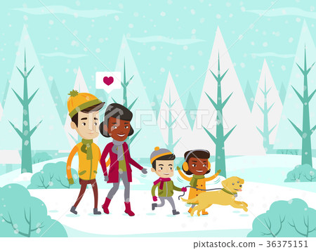 图库插图: multiethnic family walking in winter snowy forest.