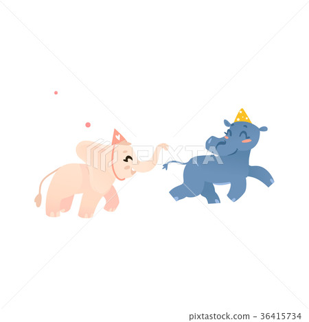 插图素材: hippo and elephant in birthday hats play tag