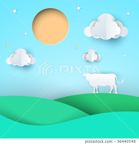 插图素材: paper origami style cow, meadow, sun, cloud.