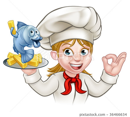 图库插图: fish and chips woman chef