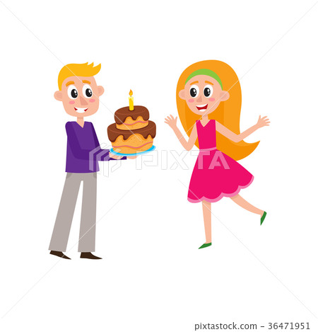 插图素材: vector flat man giving birthday cake to woman