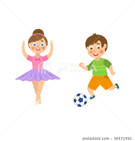 插图素材: vector flat boy playing football, girl ballerina