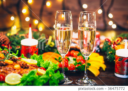 图库照片: christmas table dinner time with roasted meats