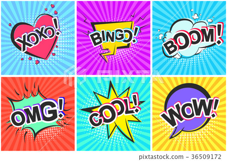 图库插图: retro comic speech bubbles with boom omg wow cool