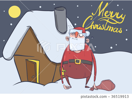 插图素材: christmas card of funny drunk santa claus with a