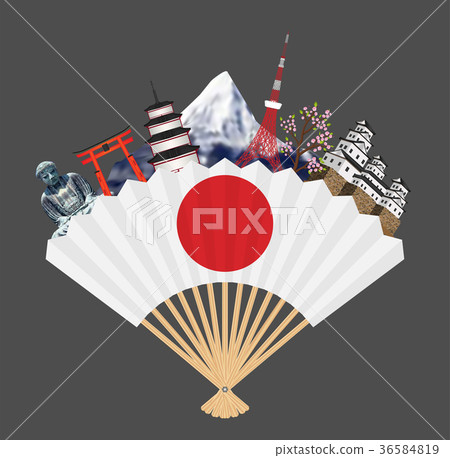 插图素材 japan flag on fan with japan travel landmark