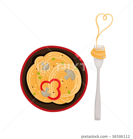 flat简笔画,简笔画 插图素材: vector flat asian udon noodles in pot, fork