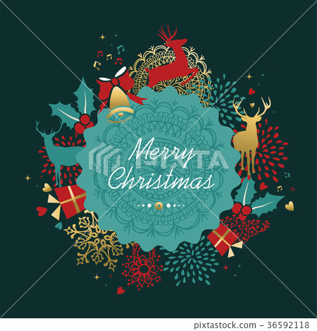 插图素材: merry christmas gold deer wreath greeting card