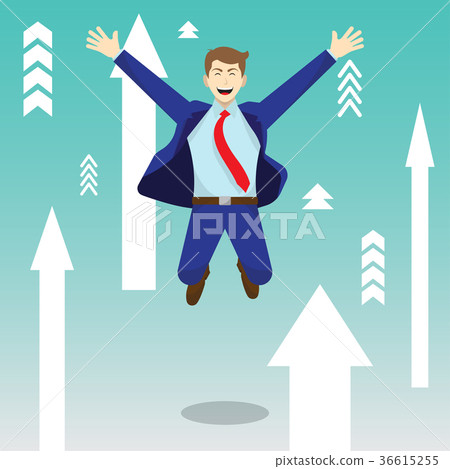 插图素材: happy jumping businessman among upward arrows