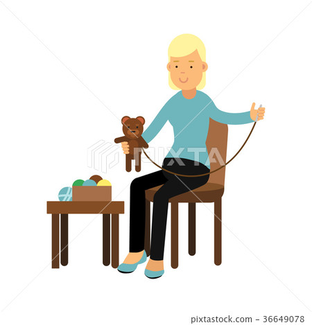 sewing,wooly 插图素材: young woman sitting on the chair and sewing