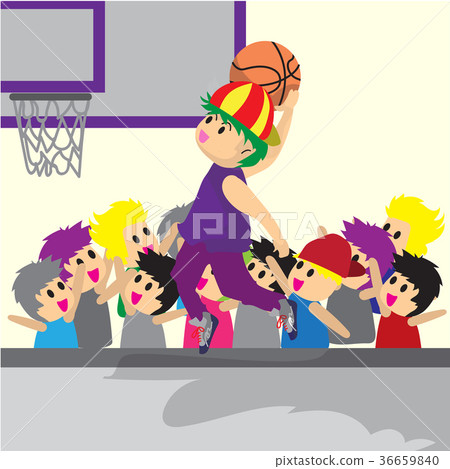 插图素材 boy play basketball basketball court background