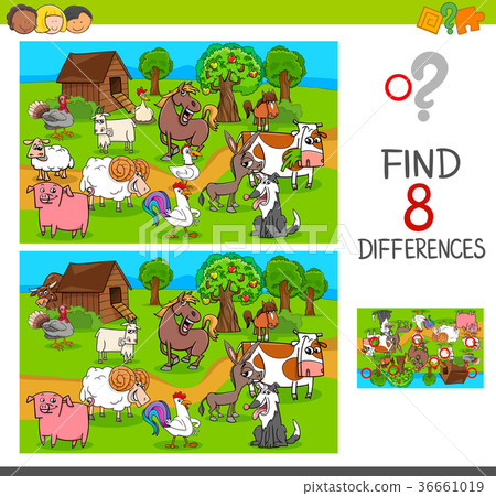 插图素材: find differences with farm animal characters