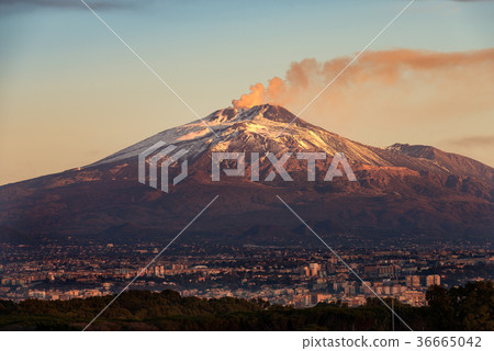 图库照片 catania and mount etna volcano sicily italy