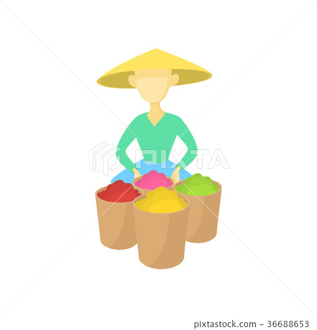 插图素材: asian man in a conical hat sells fruit icon