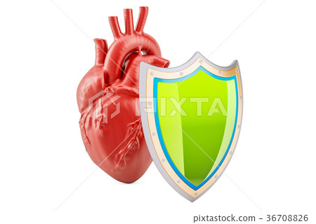 图库插图: human heart with shield, health insurance concept