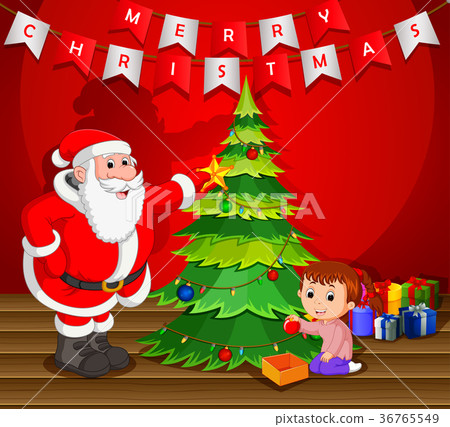图库插图: santa claus with christmas tree and cute kid