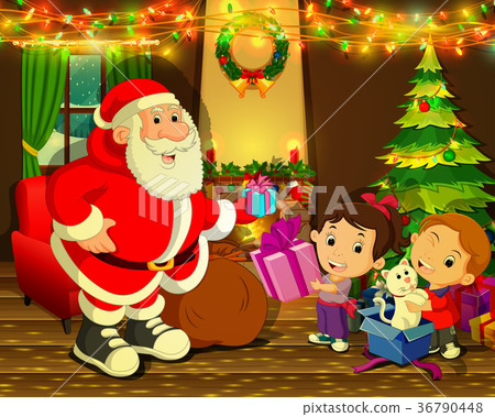 图库插图: santa claus with christmas tree and cute kid