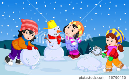 插图素材: in the winter, kids play in the snow very joyfully