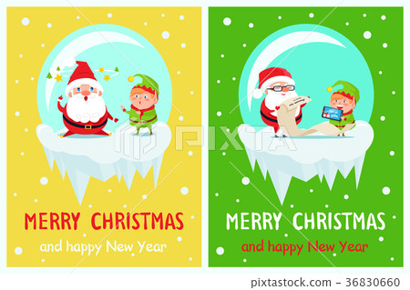 插图素材: happy new year merry xmas postcard santa and elf