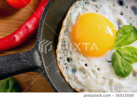 eggs图片,meat图片 图库照片: fried eggs in a frying pan. rustic breakfast