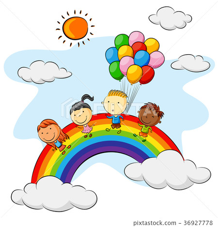 插图素材: group of kids playing above the rainbow