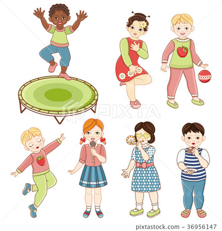 插图素材: kids, boys and girls sing, dance, eat cake, jump