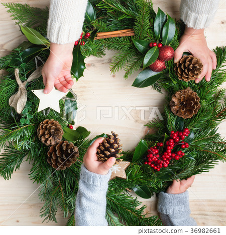 stock photo: handmade christmas wreath with fir, pinecones see