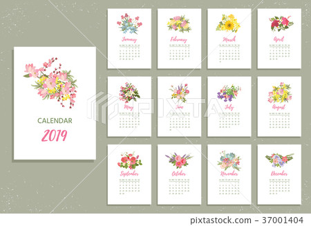 图库插图: printable 2019 calendar with pretty colorful