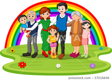 插图素材: family in the park on rainbow day