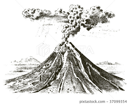 插图素材: volcano activity with magma, smoke before the