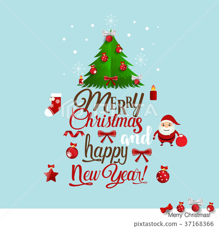 greeting card with merry christmas lettering and christmas tree