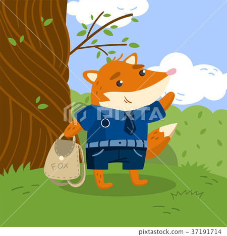 插图素材: cute little fox student in school uniform standing