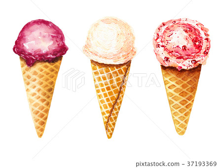 插图素材: set of three watercolor ice cream in waffle cone