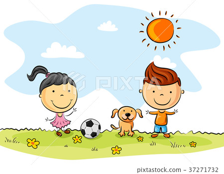 插图素材: children playing soccer with a dog in the park