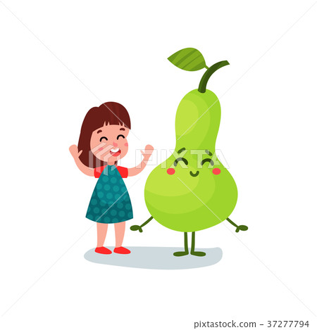 图库插图: lovely little girl having fun with giant pear