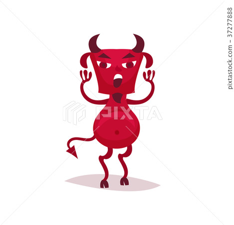 插图素材: angry devil with horns and tail, red demon cartoon