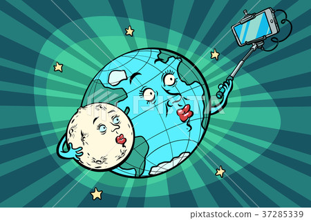 插图素材: planet earth and moon couple taking selfie on