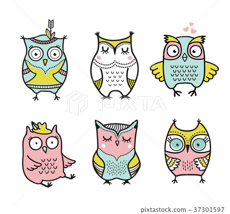 handcartoon,cartoon相机 图库插图: cute cartoon hand drawn owls vector set